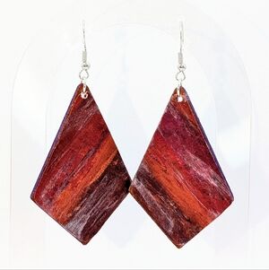 Handmade Earrings, Red & Brown Abstract Design Decoupage & Acrylic Paint on Wood